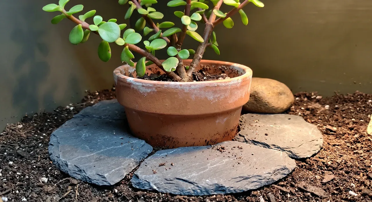 Portulacaria afra in a partially buried terracotta pot with flat slate pieces wedged around the base to prevent tipping in a bearded dragon enclosure