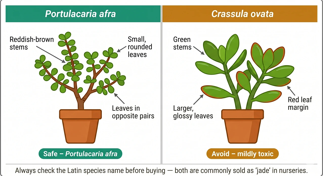 Botanical illustration comparing safe Portulacaria afra with mildly toxic Crassula ovata, labeled stem and leaf differences