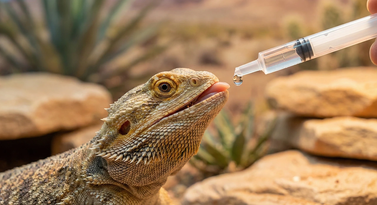 Close up of a person safely dripping a drop of water onto a bearded dragon's snout using a plastic needle-less syringe.