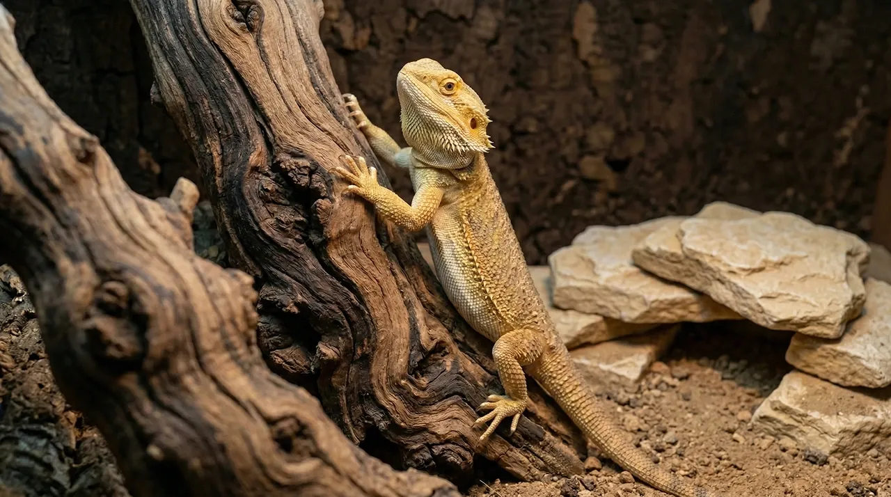 Adult bearded dragon climbing mopani wood, demonstrating safe wood and rocks for bearded dragons in a habitat.