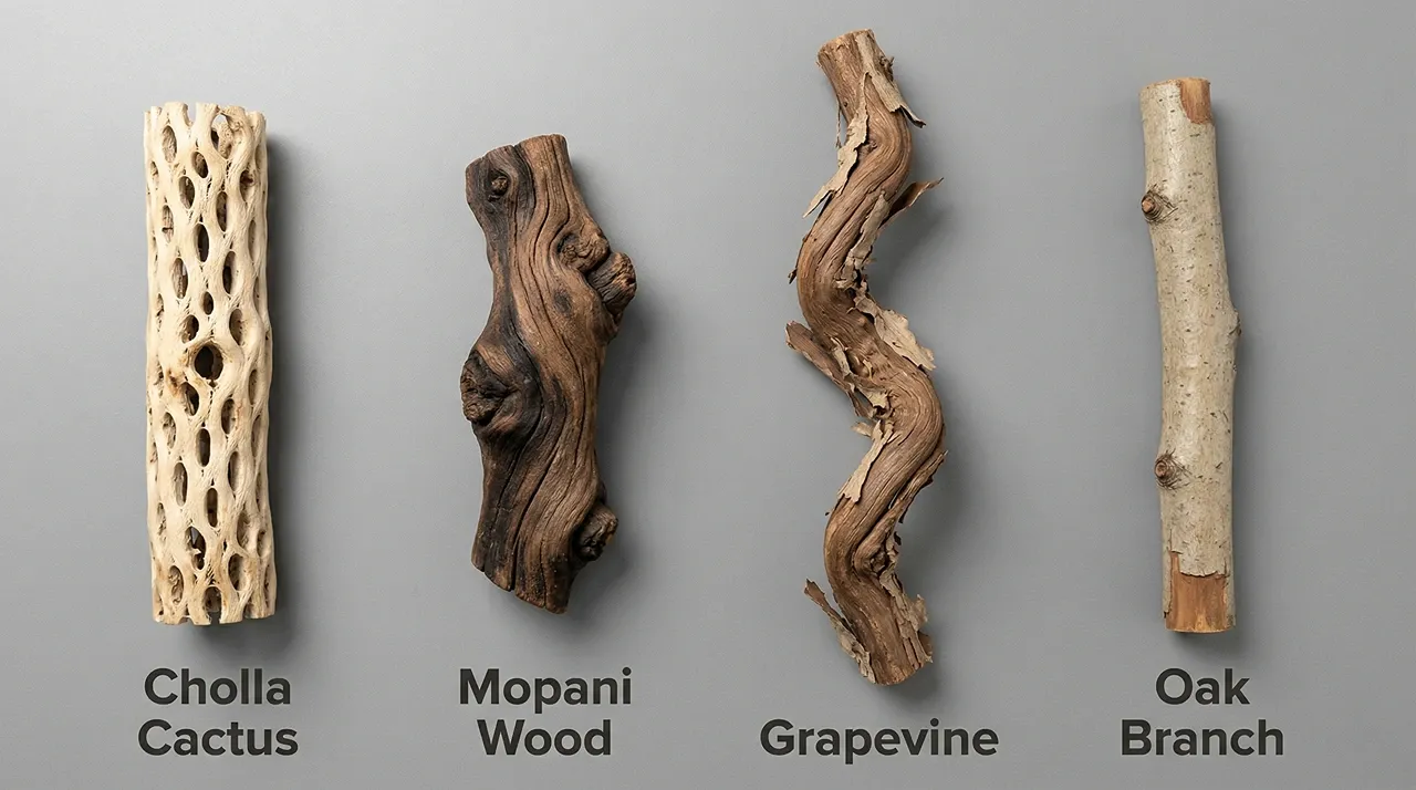 Cholla cactus, mopani, grapevine, and oak branch arranged side by side as safe wood options for bearded dragon enclosures.