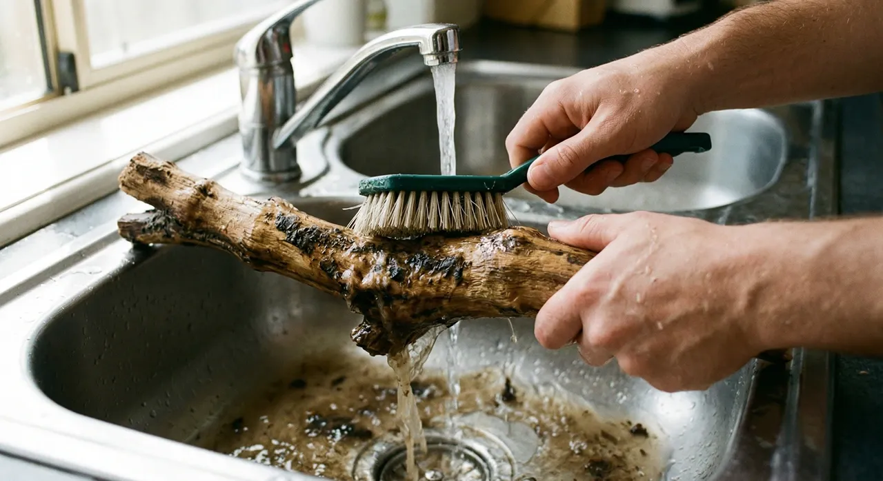 Hands scrubbing driftwood under running tap water before sanitizing for a bearded dragon enclosure