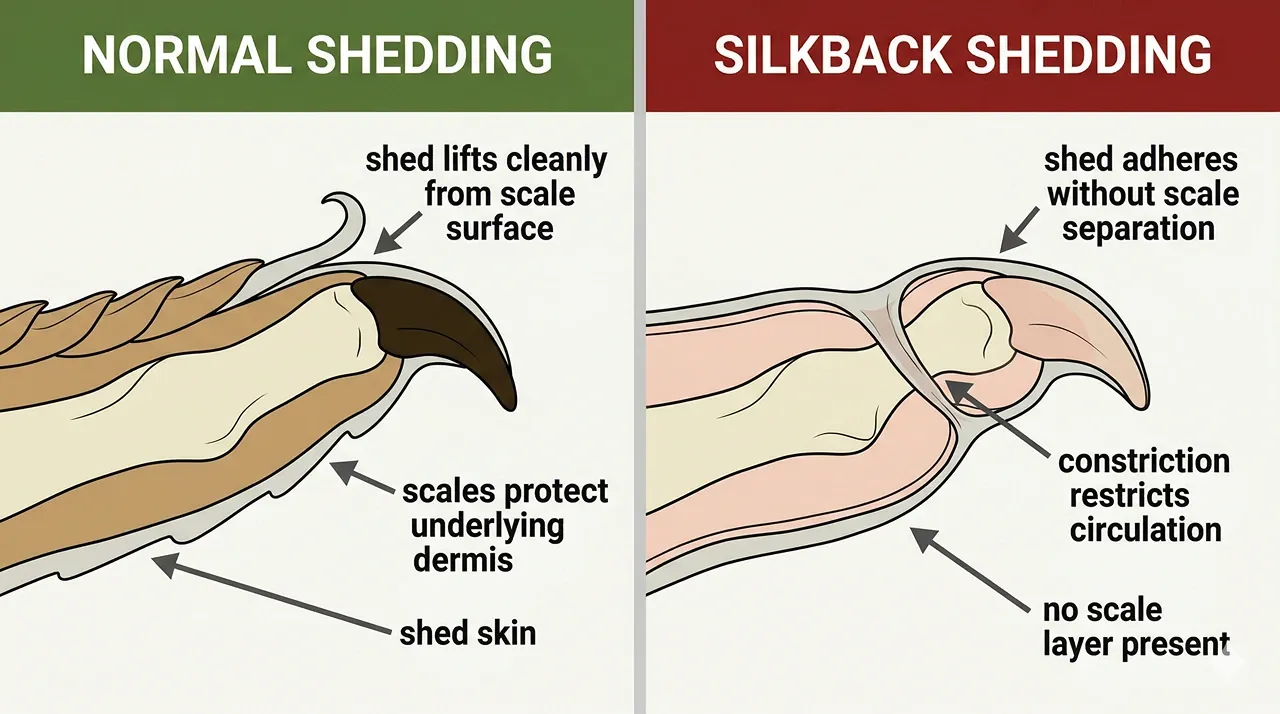 Diagram comparing normal bearded dragon shed separation with silkback shed adhesion and toe constriction