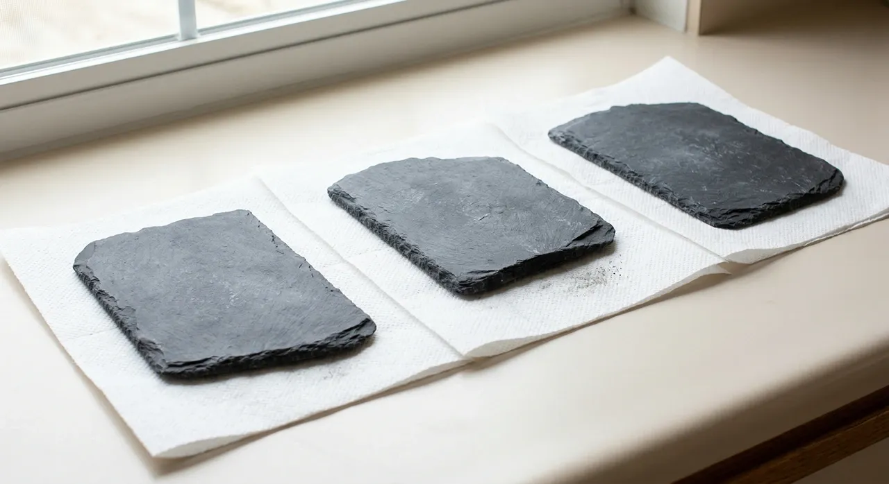 Three flat slate rocks laid on paper towels on a windowsill air-drying before oven sanitizing