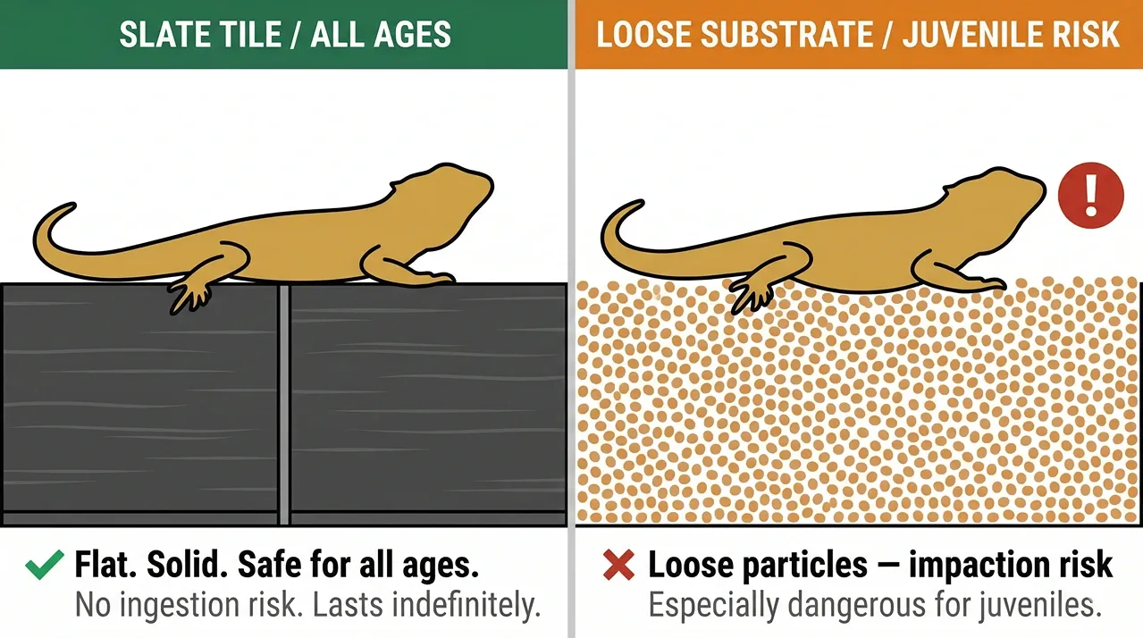 Bearded dragon silhouette on dark slate tile compared to same dragon on loose particle substrate with impaction warning
