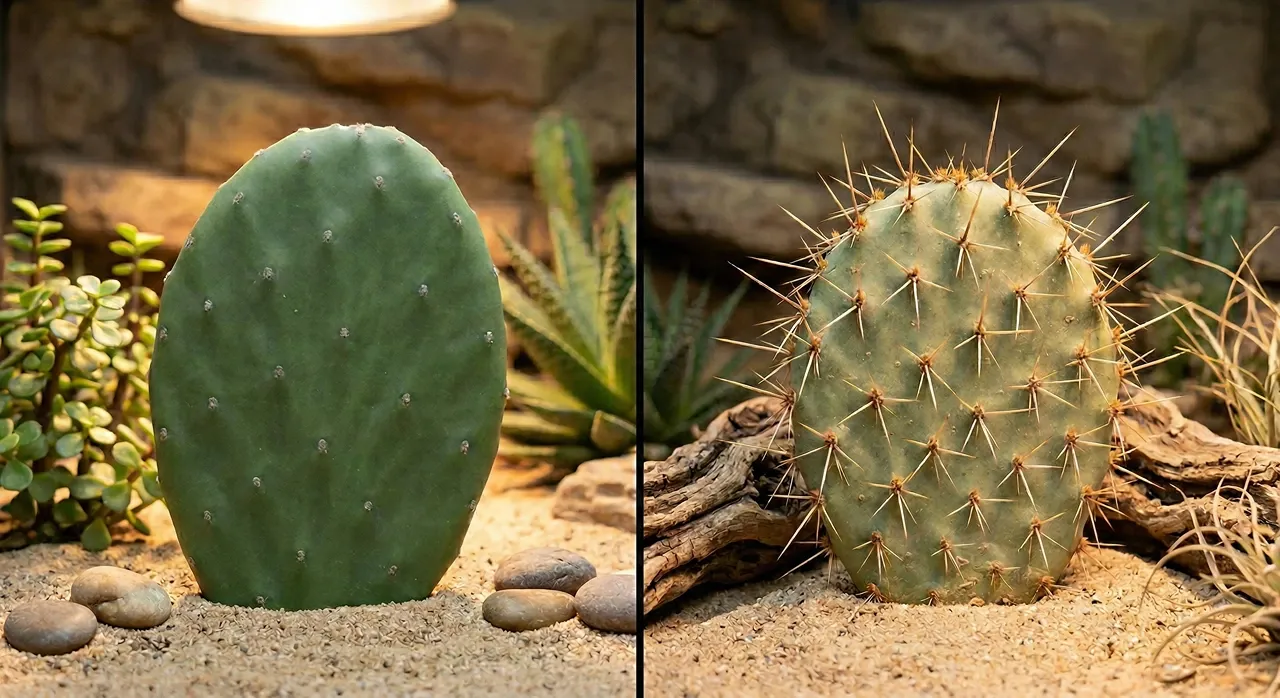 A side-by-side comparison showing a safe, smooth spineless prickly pear cactus pad next to a dangerous spined cactus in a reptile enclosure.