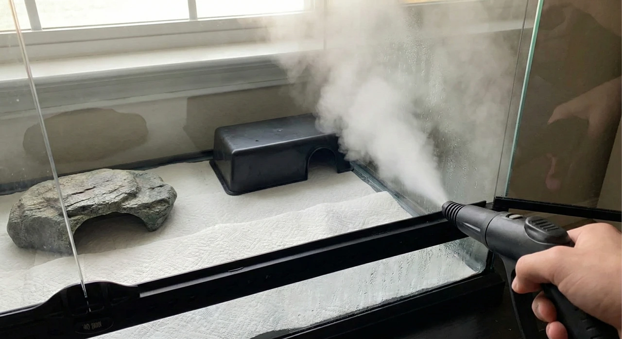 Handheld steam cleaner nozzle spraying hot steam into the corner of a bearded dragon hospital tank to kill parasite eggs.