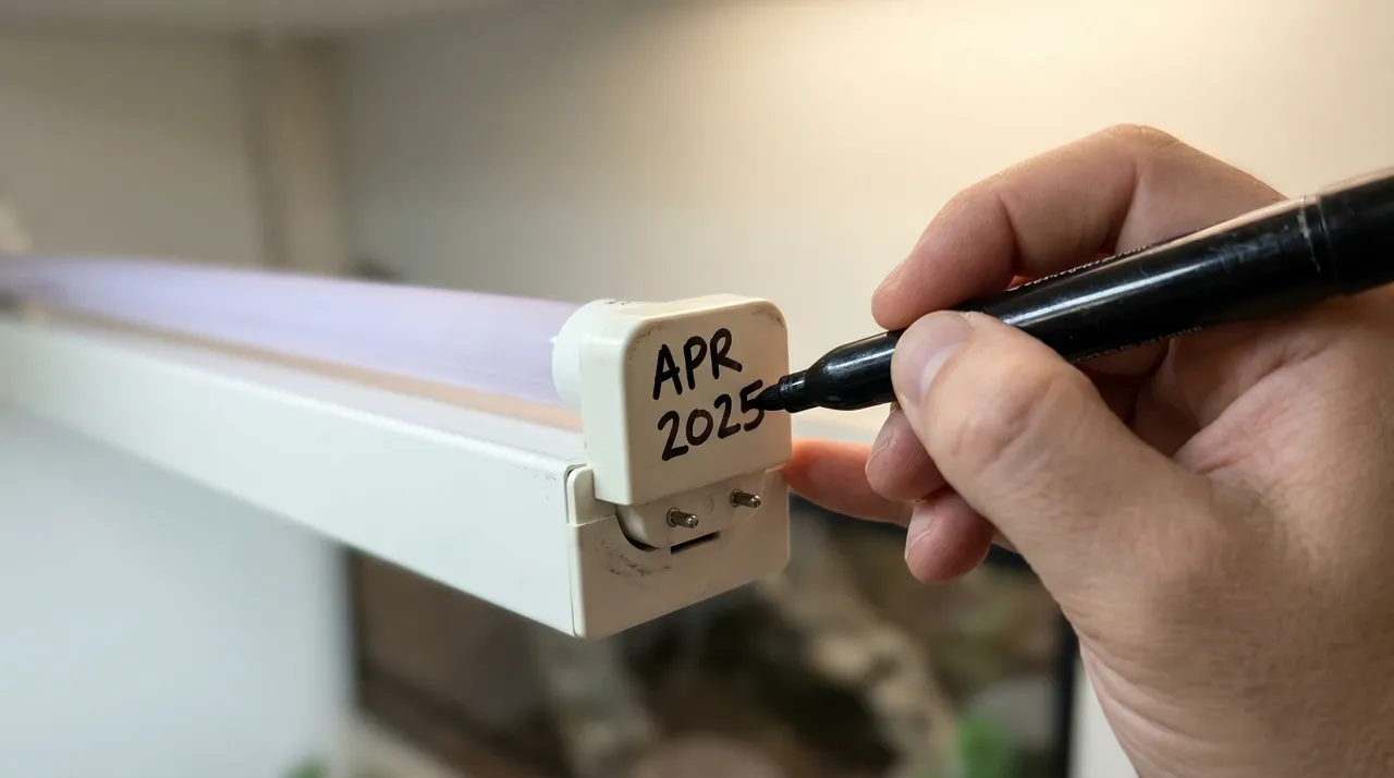 Keeper writing an installation date on a T5 HO UVB tube end cap to track the 12-month replacement schedule.