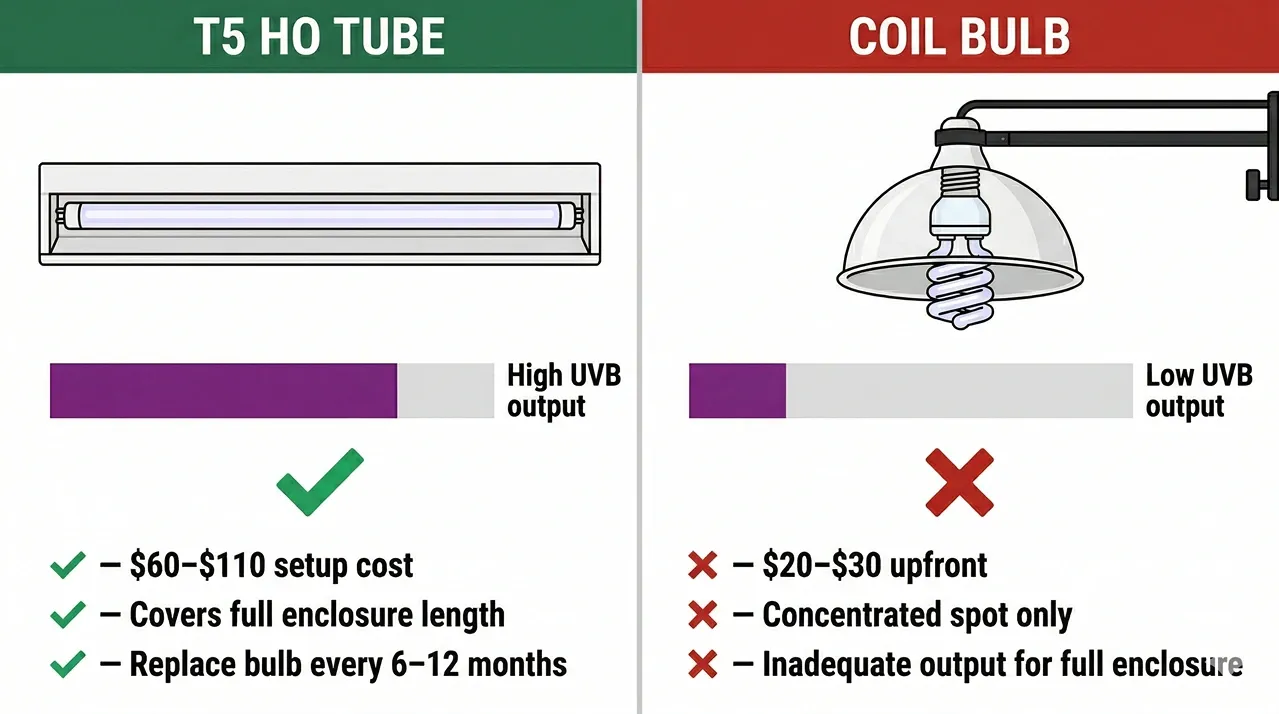 T5 HO UVB tube fixture with high output bar compared to coil UVB bulb in dome with low output bar