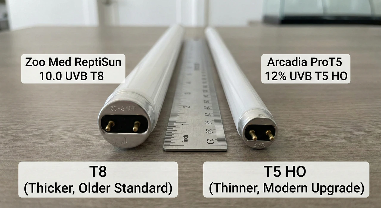 Close-up side-by-side comparison of a thick T8 UVB tube next to a thinner, more powerful T5 High Output UVB tube with a ruler for scale.