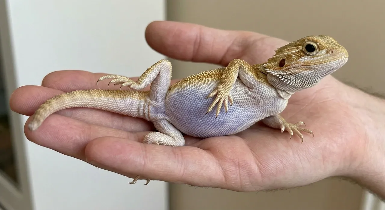 Juvenile translucent bearded dragon on a keeper's palm showing blue-purple ventral belly colouration