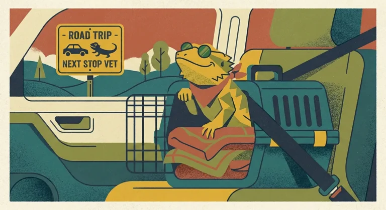 A stylized risograph illustration of a bearded dragon wearing sunglasses, sitting safely inside a hard plastic travel carrier that is buckled into a car seat for a road trip.