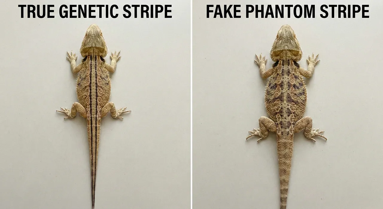 Top-down comparison view showing the perfectly clean, unbroken spine lines of a True Genetic Stripe bearded dragon on the left, versus the messy, blurred spots of a Fake Phantom Stripe on the right.