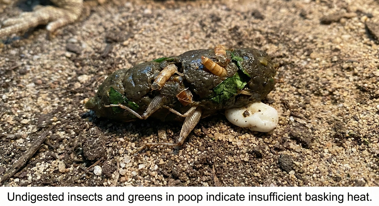 Bearded dragon poop containing undigested cricket legs and leafy greens, a sign of low basking temperatures
