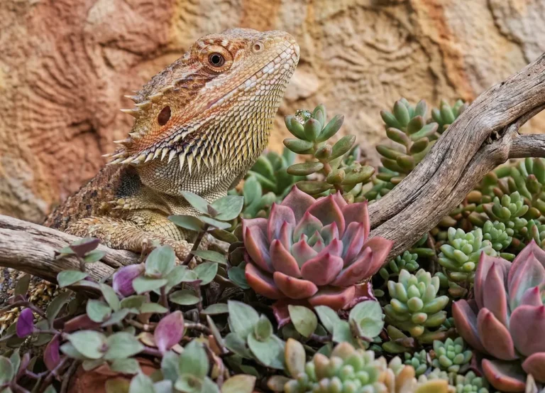 A close-up of a bearded dragon sitting safely among non-toxic live plants, including Echeveria succulents, inside a rocky terrarium.