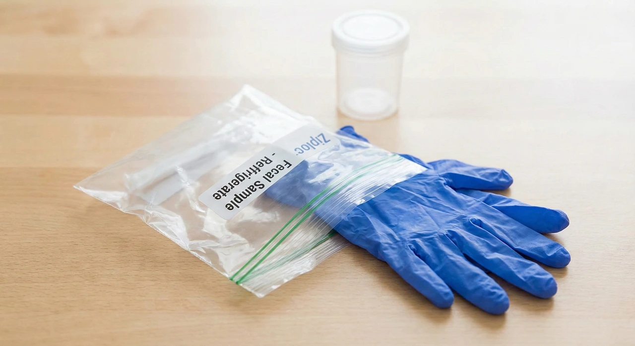 Ziploc bag, disposable gloves, and sample container for a bearded dragon fecal parasite test