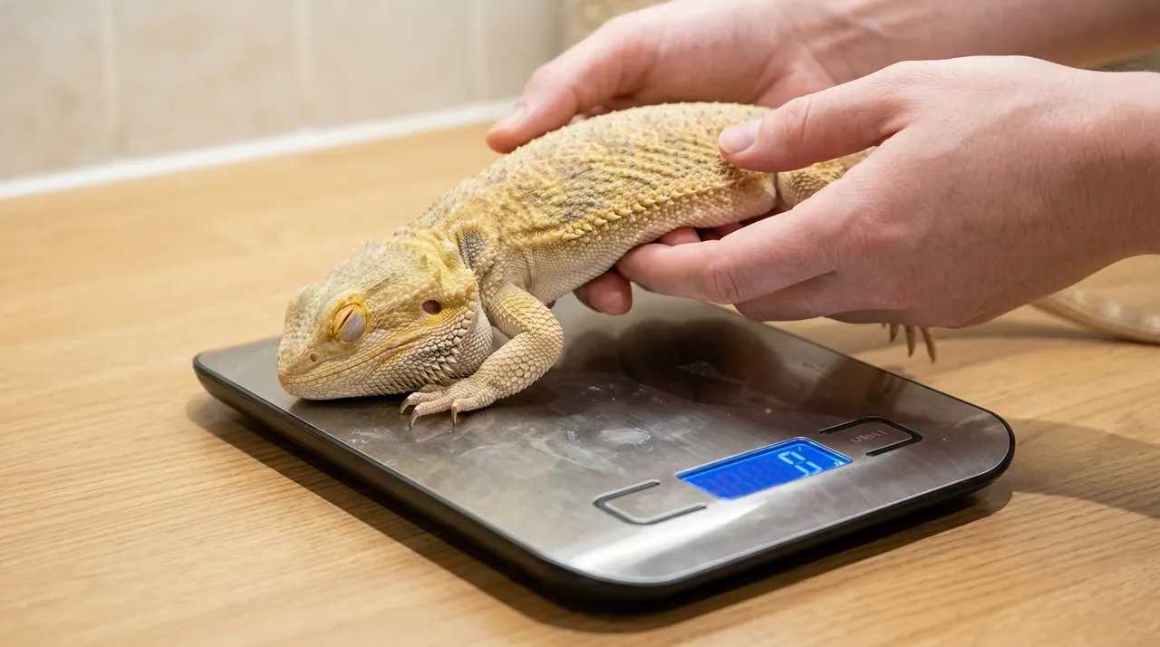 Sleeping bearded dragon being lowered onto a flat digital kitchen scale to monitor weight loss during brumation