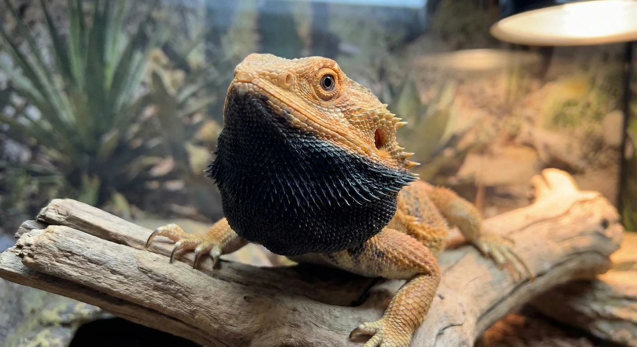 Close up of an adult bearded dragon sitting on a log inside its enclosure with its throat puffed out and turned solid jet black.