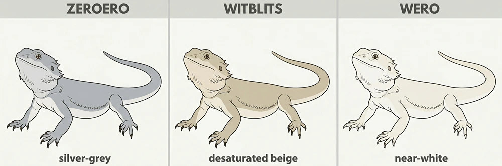 Comparison illustration of zero, witblits, and wero bearded dragon morph colourations