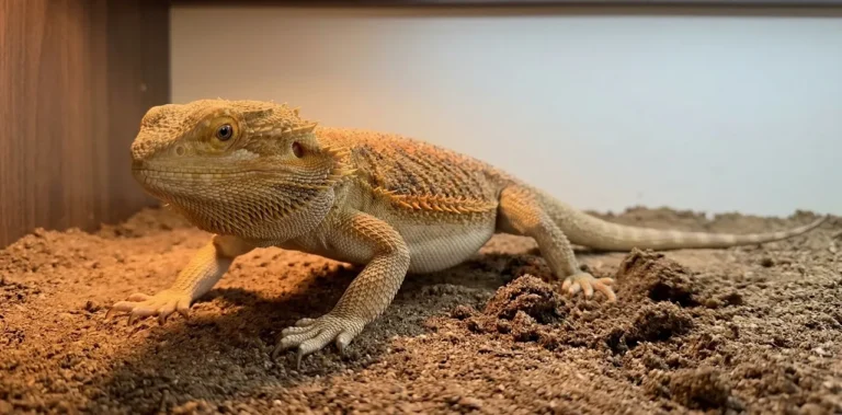 A healthy adult bearded dragon digging in a correctly set-up enclosure, showing the purposeful front-claw digging posture that owners observe when a biological trigger — brumation, egg laying, or temperature seeking — is driving the behaviour.