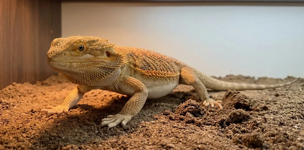 A healthy adult bearded dragon digging in a correctly set-up enclosure, showing the purposeful front-claw digging posture that owners observe when a biological trigger — brumation, egg laying, or temperature seeking — is driving the behaviour.
