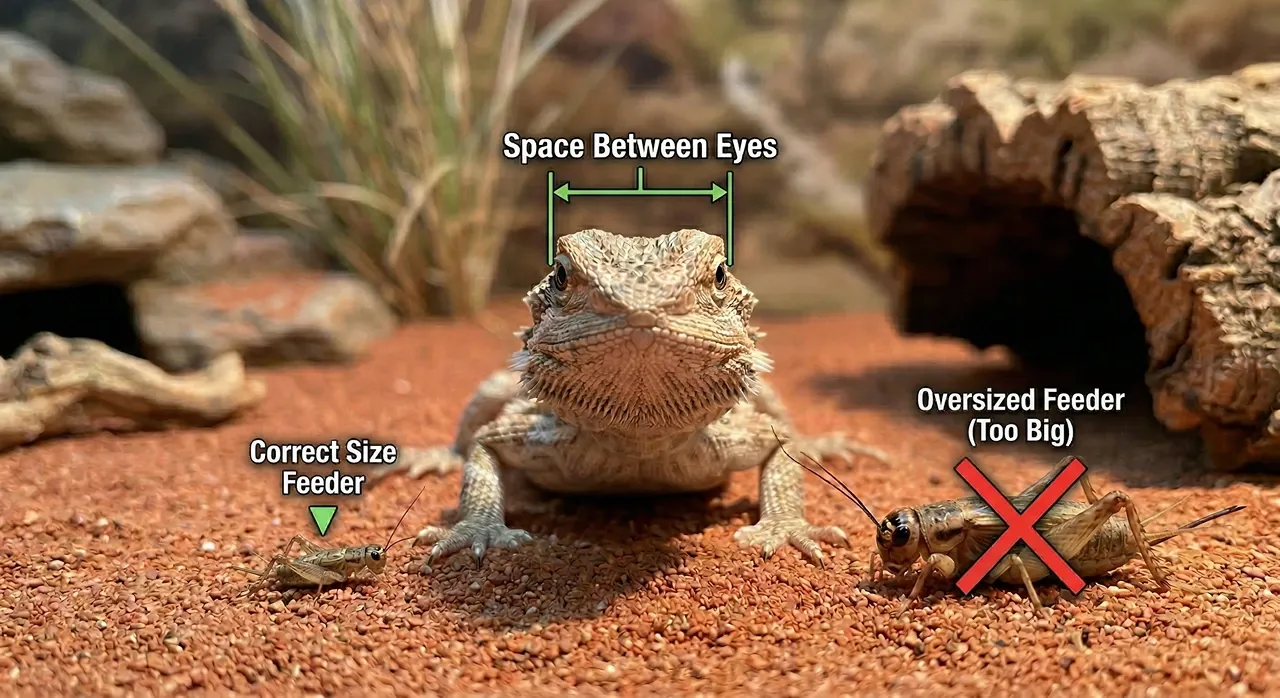 A front-facing baby bearded dragon demonstrating the feeder size rule. A safely sized cricket labeled 'Correct Size Feeder' is shown next to a large cricket marked 'Too Big' with a red X. Green indicators highlight the space between the dragon's eyes to show the maximum safe insect size.