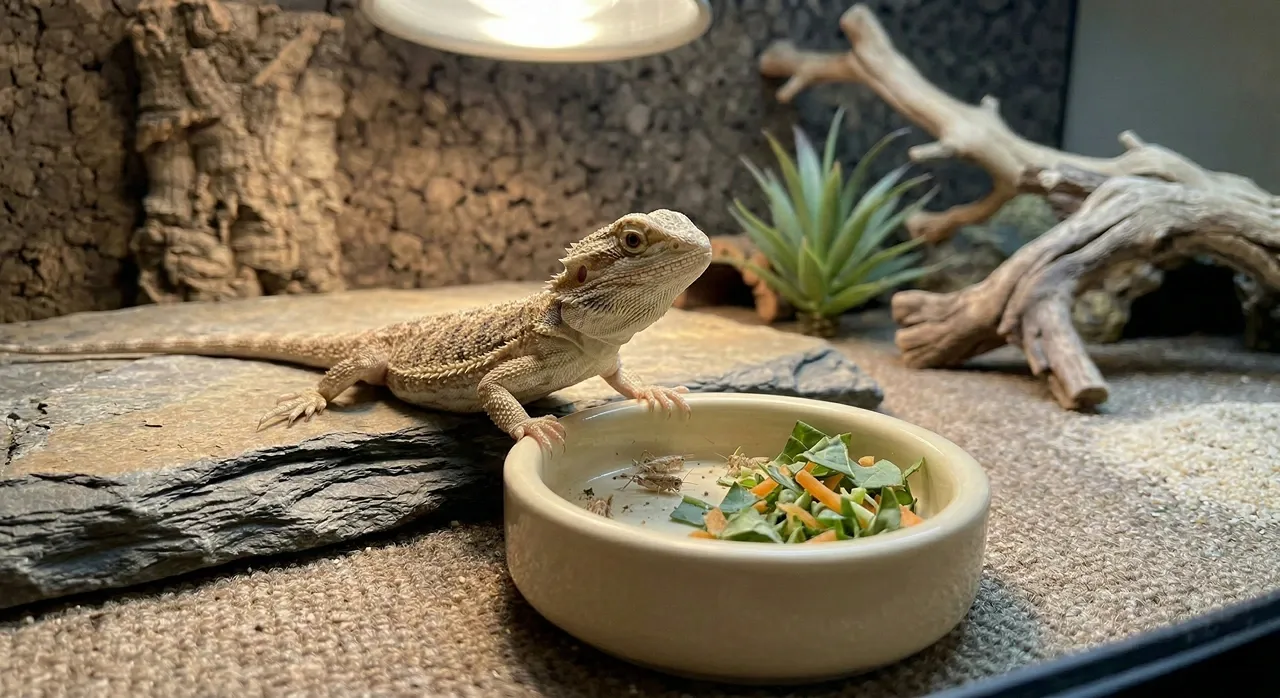 A baby bearded dragon resting its foot on a white bowl filled with greens and insects, looking away and refusing to eat.