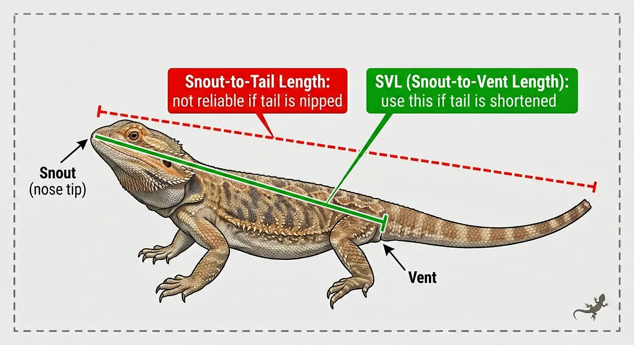 Comparative illustration showing accurate measurement techniques for bearded dragons. It contrasts snout-to-tail length (red dashed line, labeled unreliable if nipped) and snout-to-vent length (SVL, green solid line, labeled accurate for shortened tails).