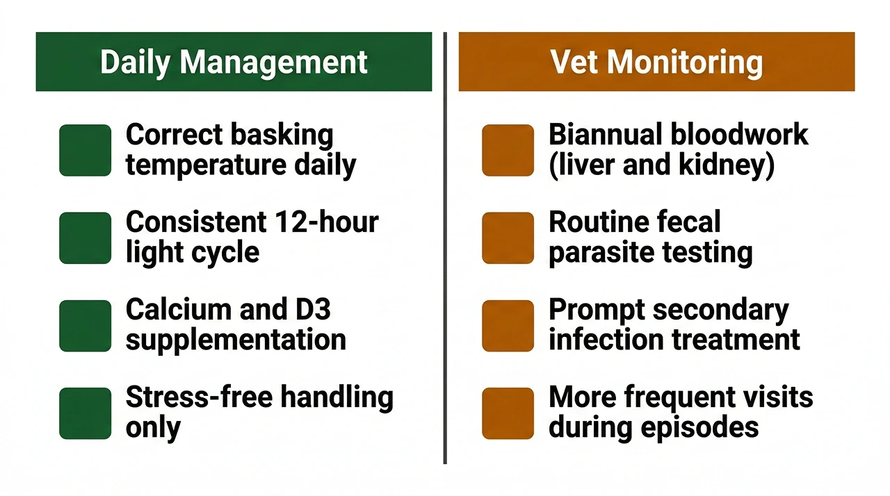 Two-column checklist showing daily husbandry priorities and veterinary monitoring schedule for an ADV-positive bearded dragon, with green headers for daily care and amber headers for vet monitoring.