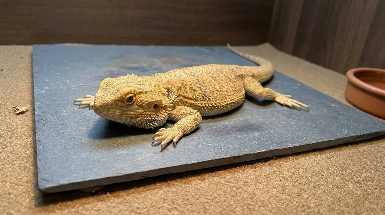 A juvenile bearded dragon resting flat and low-energy on a slate tile inside a wooden vivarium, showing the subtle subdued posture and muted colouration that characterises early or mild atadenovirus presentation.
