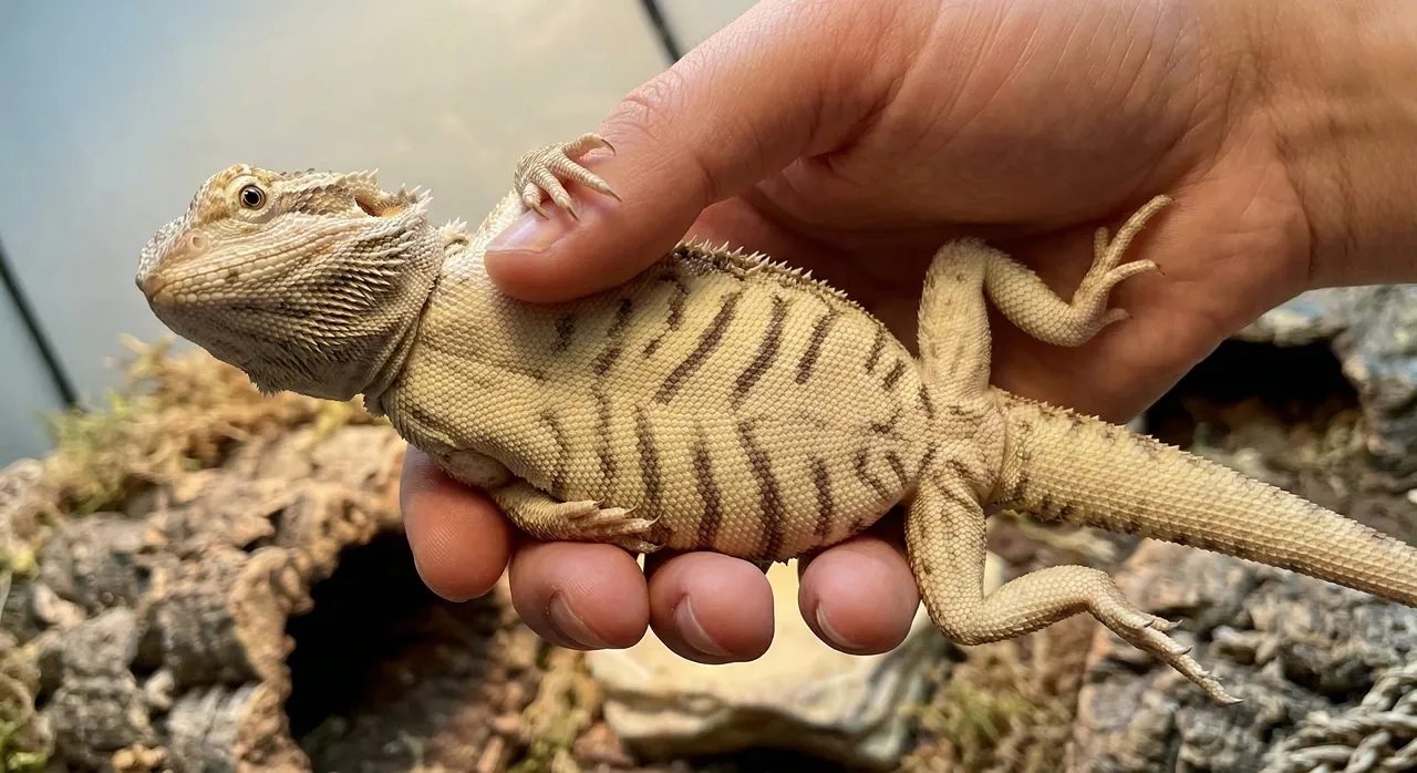 A person's hand gently holding a juvenile bearded dragon to show its belly, revealing the dark tiger-stripe patterns known as stress marks against its pale scales.