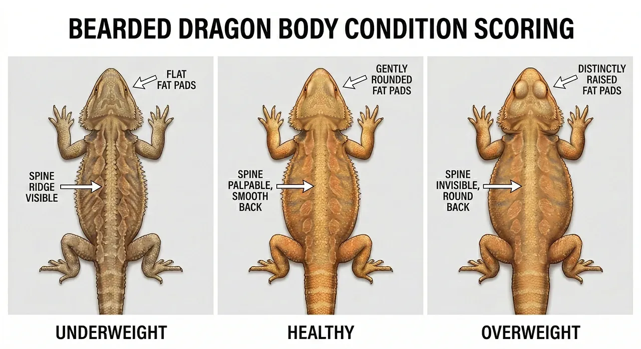 A three-panel infographic illustrating bearded dragon body condition scoring from a top-down view. It compares an Underweight dragon (visible spine ridge, flat fat pads), a Healthy dragon (palpable spine, smooth back, gently rounded fat pads), and an Overweight dragon (invisible spine, round back, distinctly raised fat pads).