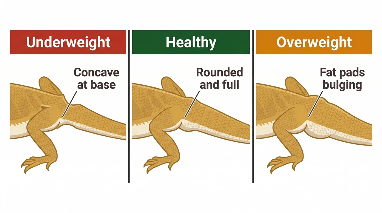 A three-panel illustration comparing the tail base of a bearded dragon to assess body condition. The left panel shows an underweight dragon with a concave tail base and visible angular hip bones. The centre panel shows a healthy dragon with a rounded, slightly fleshy tail base. The right panel shows an overweight dragon with fat pads bulging at the tail base and hips.