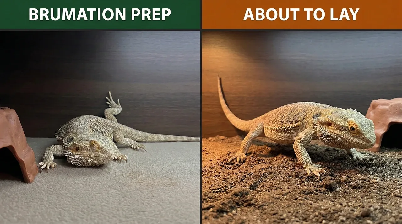 Two types of bearded dragon digging compared: brumation-prep posture on the left showing a drowsy dragon settled in the corner, versus pre-lay digging on the right with a forward-weighted female pushing substrate backward with her front claws.