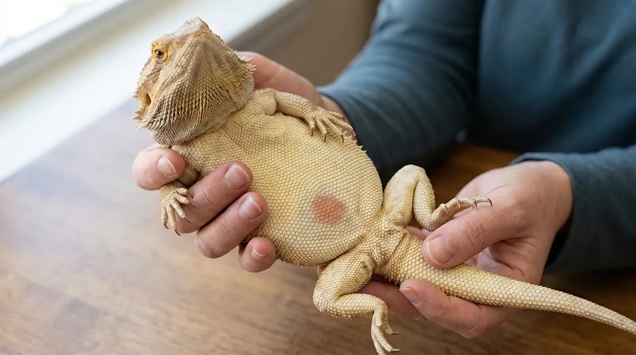 A keeper holding a bearded dragon belly-up to examine a visible burn on the ventral surface, showing the reddish discoloured scale patch consistent with a bearded dragon burn from a heat mat or hot rock.