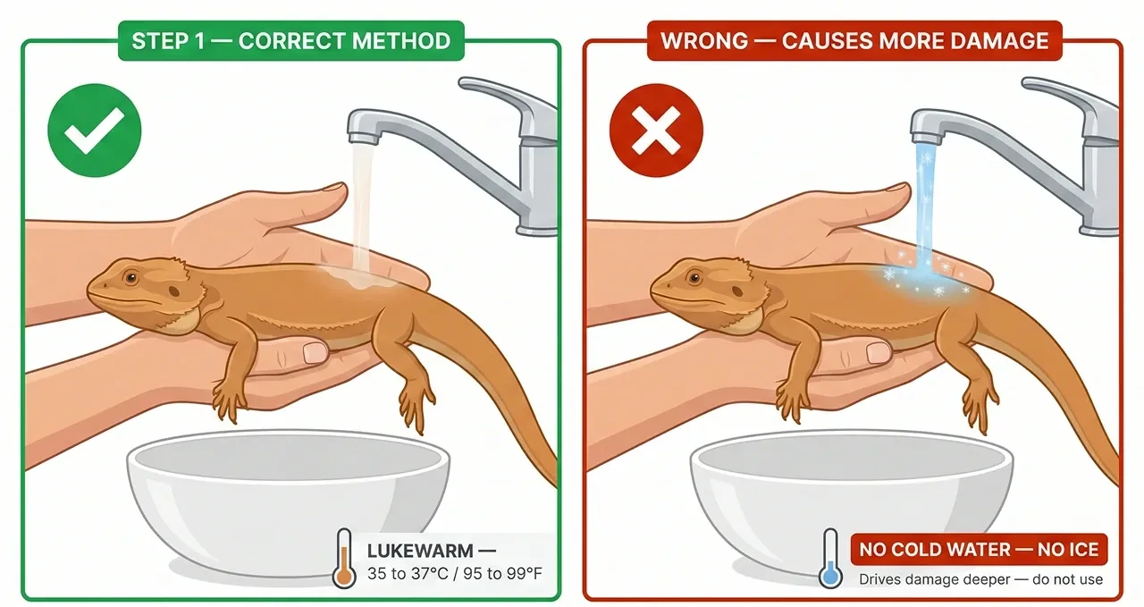 A hand cooling a bearded dragon burn with lukewarm water in a shallow bath, demonstrating the correct first aid technique of 10 to 15 minutes water immersion to prevent thermal damage from deepening.