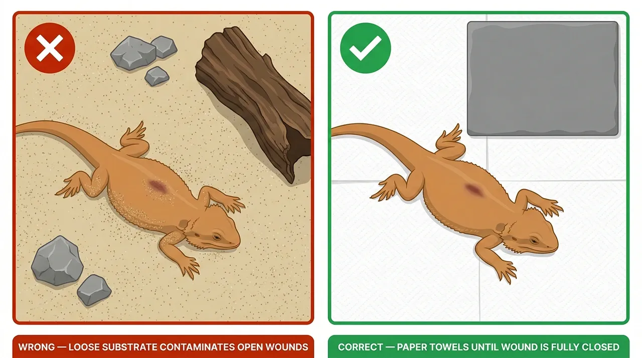 Side-by-side comparison showing a bearded dragon burn recovery setup: loose sand substrate with rough rocks on the left versus the correct setup of clean paper towels and smooth slate tile on the right.