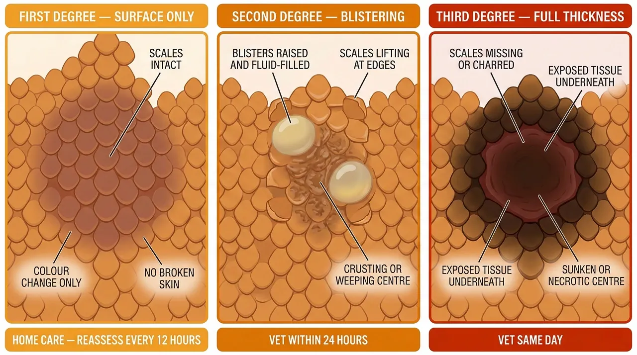 Three-panel comparison chart showing bearded dragon burn severity from surface discolouration to blistering to deep necrotic tissue damage, used to assess bearded dragon burns at home before a vet visit.