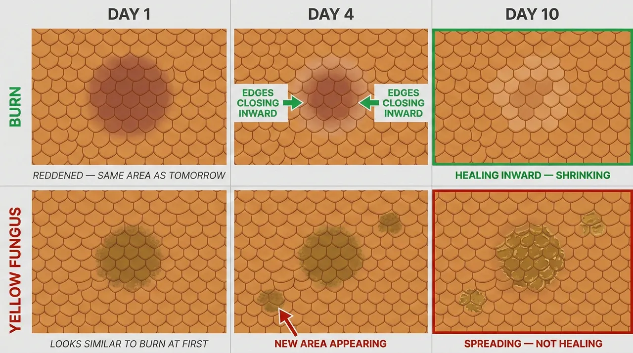 Six-panel progression diagram comparing bearded dragon burn healing over 10 days, closing inward from the edges, versus yellow fungus disease spreading outward and creating new separate lesion areas over the same period.