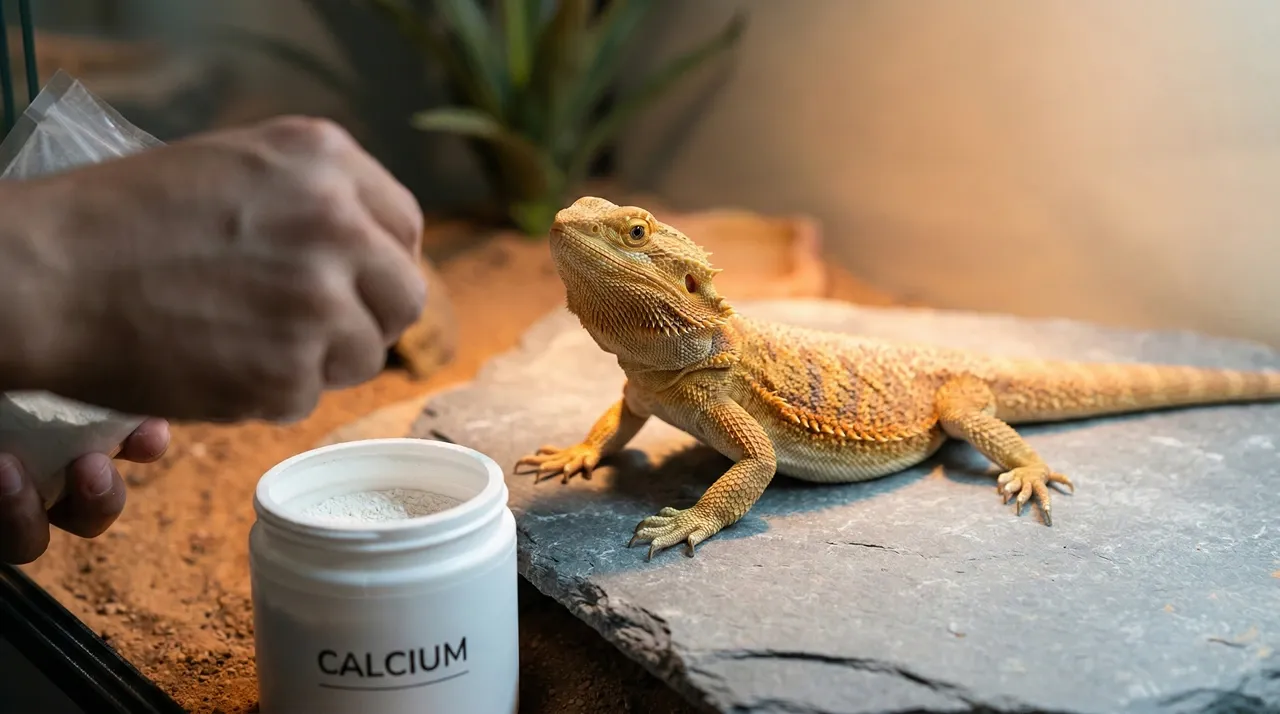An experienced keeper's hand prepares to dust feeder insects from a white calcium powder tub in the foreground, while a healthy adult bearded dragon waits alertly on a slate basking rock in the background.