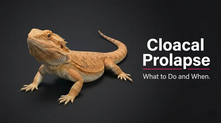 A high-quality studio illustration of a healthy adult bearded dragon against a dark background, serving as the featured image thumbnail for a comprehensive care guide on cloacal prolapse.