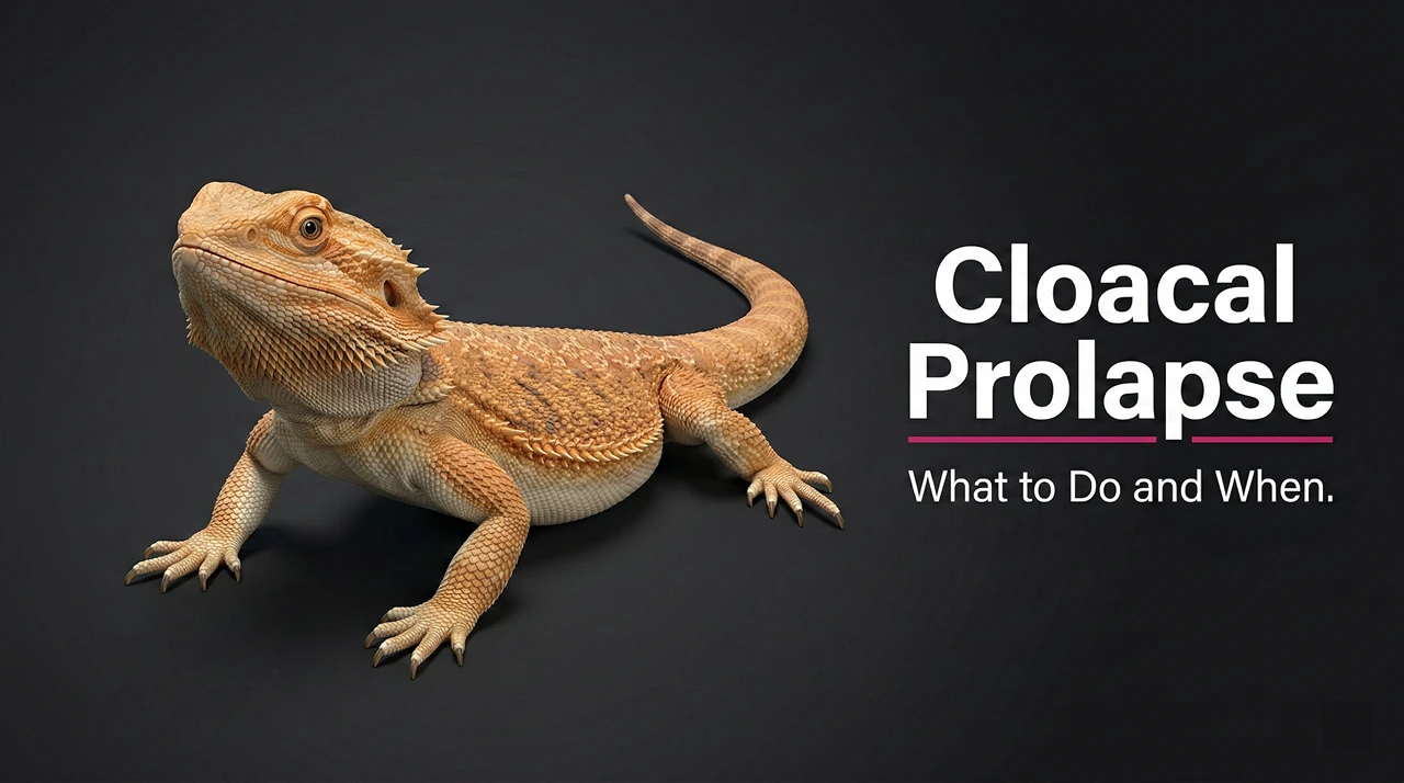 A high-quality studio illustration of a healthy adult bearded dragon against a dark background, serving as the featured image thumbnail for a comprehensive care guide on cloacal prolapse.