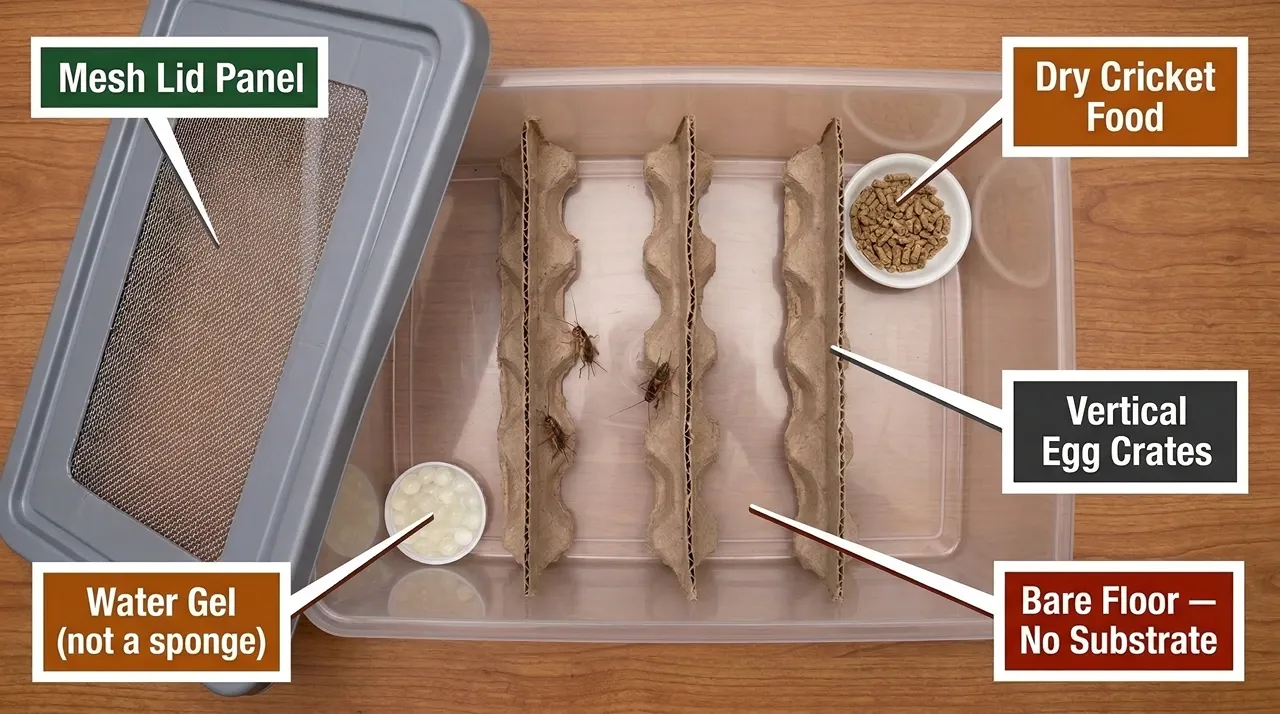 Overhead view of a cricket storage bin for keeping crickets alive, showing a large mesh lid panel, vertical cardboard egg crates, water gel in a bottle cap, a dry gut-load food dish, and a bare plastic floor with no substrate.