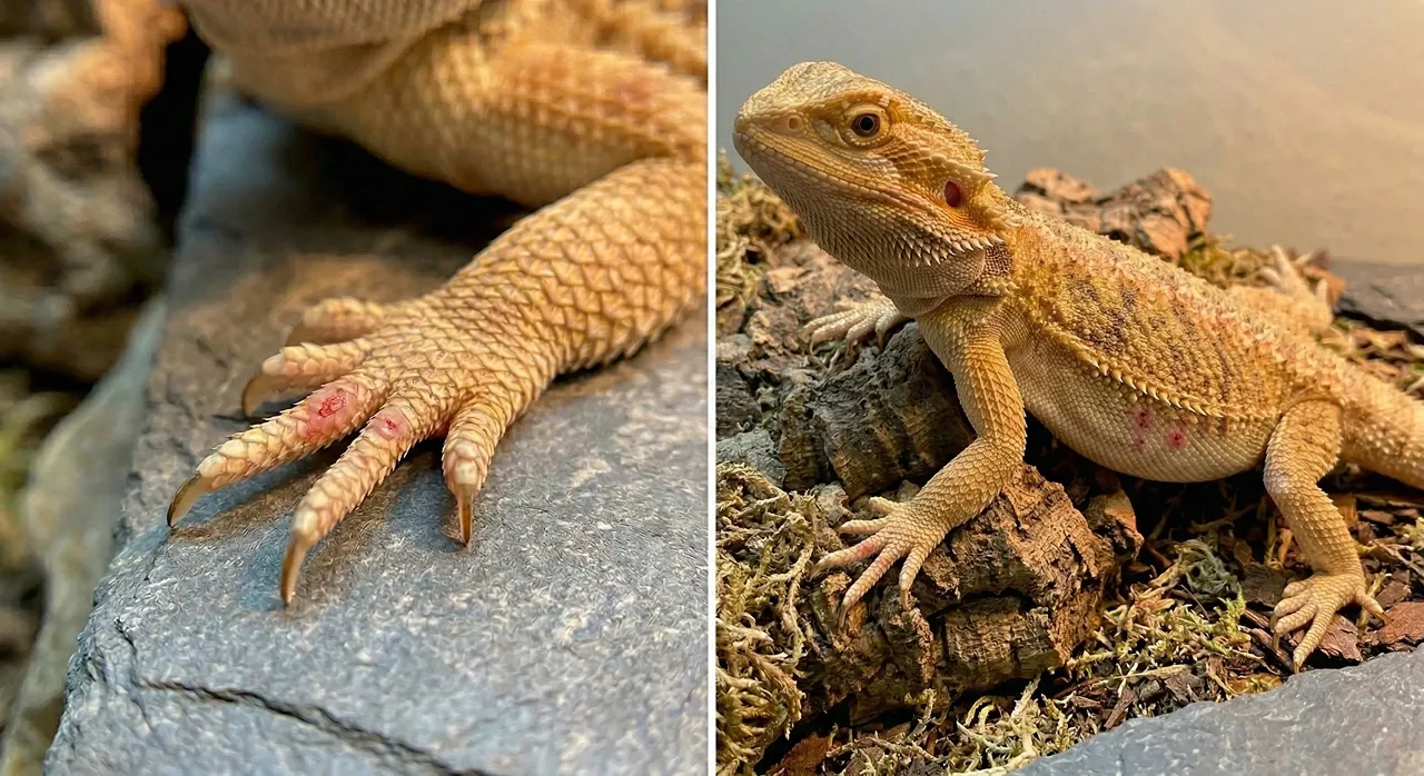 A two-panel close-up showing small, red cricket bite marks on a bearded dragon. The left panel shows irritation on the toes, and the right panel shows small circular bite wounds on the dragon's belly.