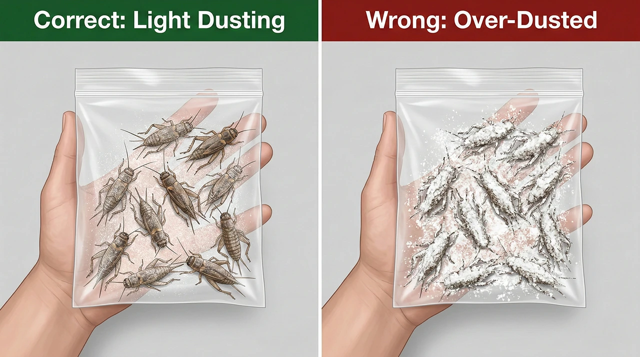 Side-by-side comparison of correct versus incorrect calcium powder dusting on feeder crickets — a light translucent coating on the left versus a thick chalky over-dusted coat on the right.