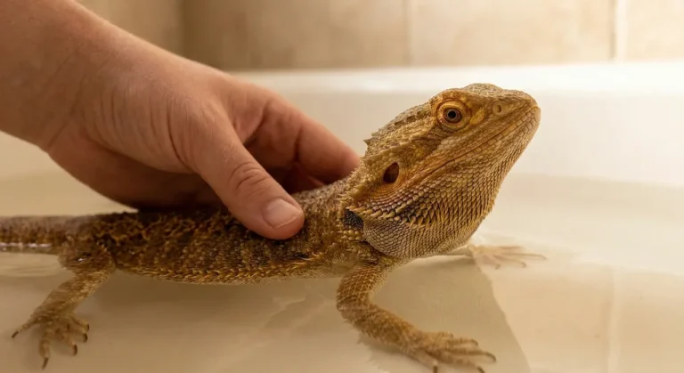 A bearded dragon soaking in shallow warm water with an owner's hand nearby, used to monitor and treat bearded dragon dehydration signs at home.