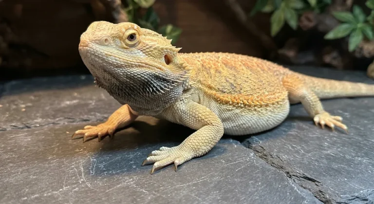 An adult female bearded dragon resting on a slate surface, showing early signs of physiological stress with a partially darkened beard and a visibly swollen, pear-shaped lower abdomen characteristic of being gravid or egg-bound.