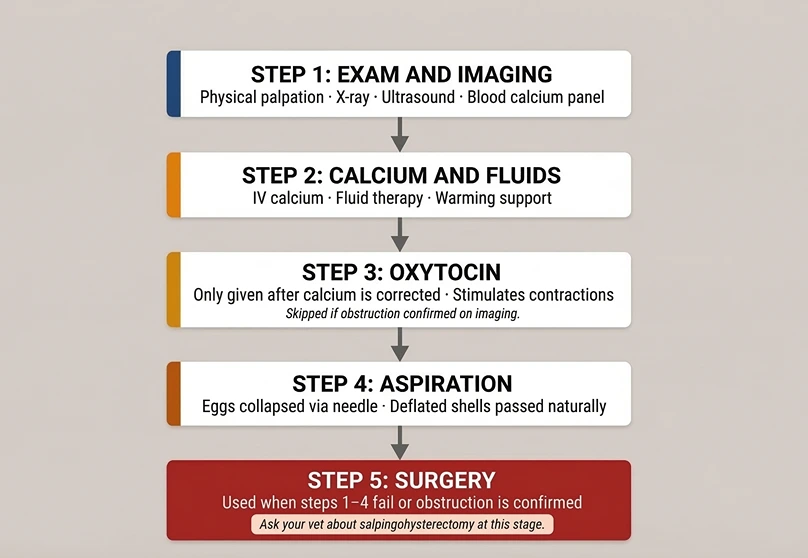 Five-step veterinary treatment flowchart for bearded dragon egg binding: examination and imaging, calcium and fluids, oxytocin, aspiration, and surgery.