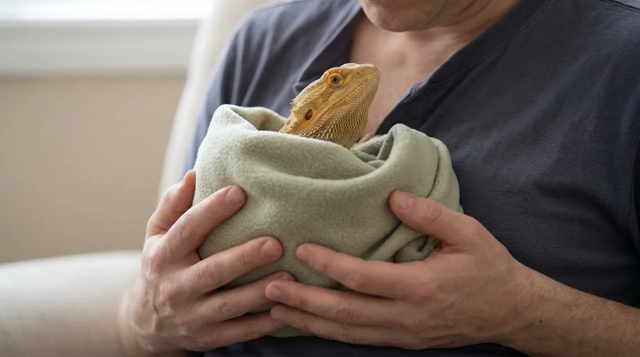A bearded dragon wrapped in a fleece blanket held against a keeper's chest, showing the body heat warming technique used during a power outage when enclosure heating is unavailable.