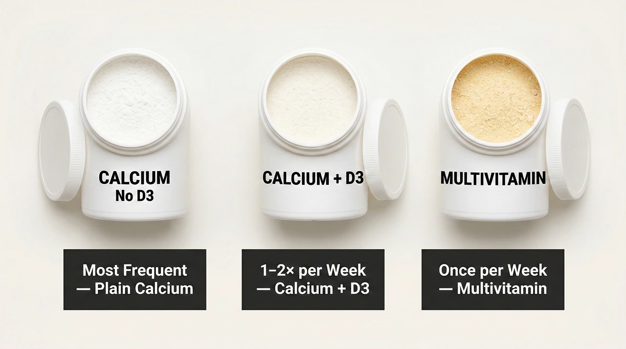 A top-down flat lay of the three powders in a bearded dragon supplement schedule — plain calcium used most frequently, calcium with D3 used once or twice a week, and multivitamin powder used once per week.